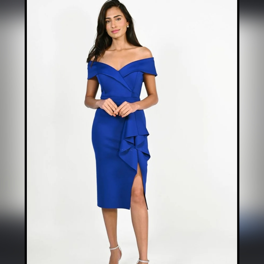 Xscape off-shoulder royal blue cocktail dress, brand new, size 8